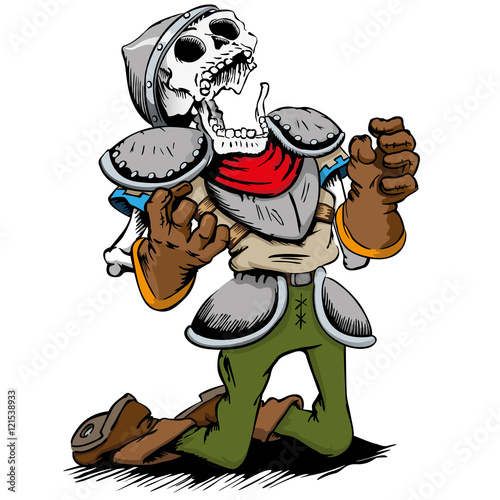 Skeleton of a dead knight dying knees. Ideal for comic and fantasy tales