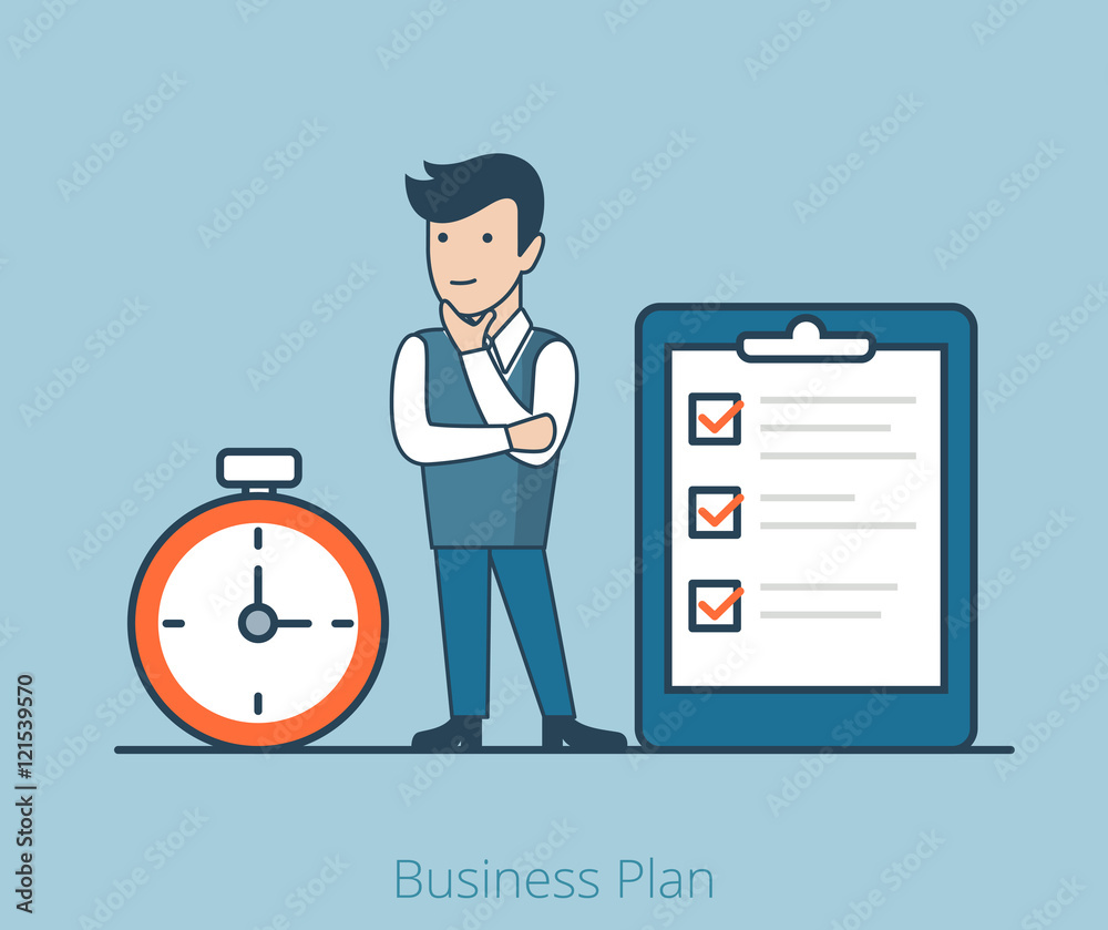 Business plan Linear Flat man task checklist stopwatch vector Business plan Linear Flat man task checklist stopwatch vector