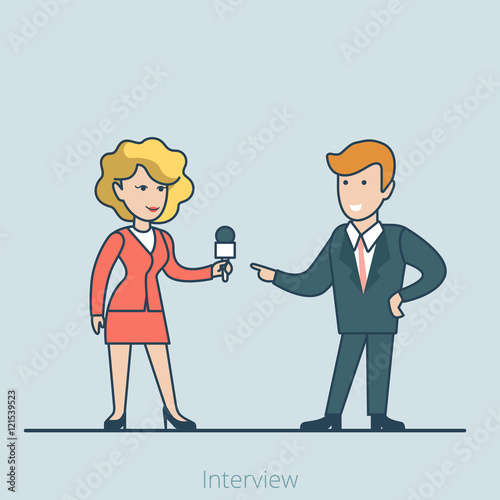 Media interview press woman business man vector Linear Flat