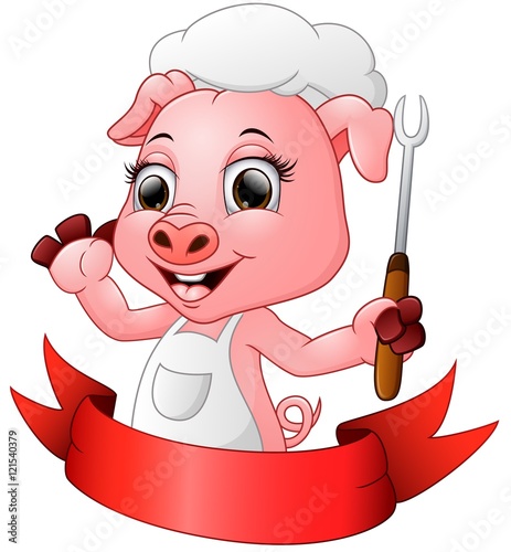 Cute cartoon chef pig holding a fork 
