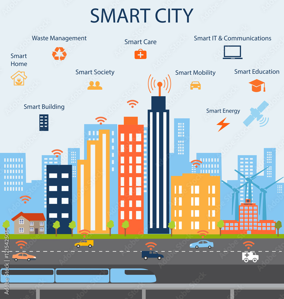 Smart city and Internet of things concept with different icon and elements. Modern city design with business communicationcity life. Illustration of innovations and Internet of things