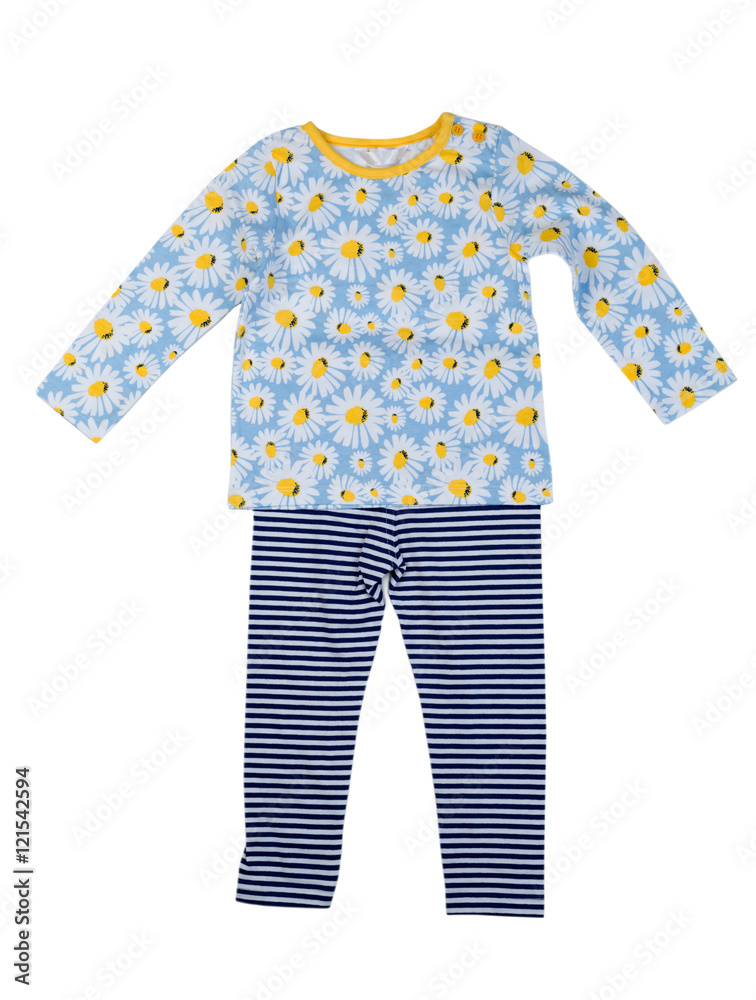 Childrens clothing with a pattern of daisy. Isolate on white. Childrens clothing with a pattern of daisy. Isolate on white.
