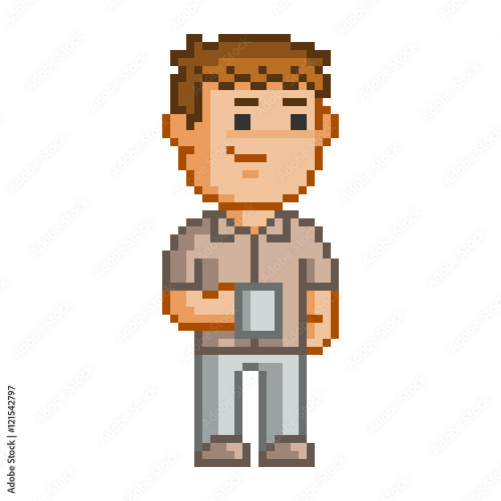 Fototapeta premium Pixel smiling man with cup of coffee.