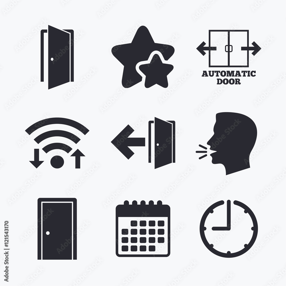 Doors signs. Emergency exit with arrow symbol. Doors signs. Emergency exit with arrow symbol.