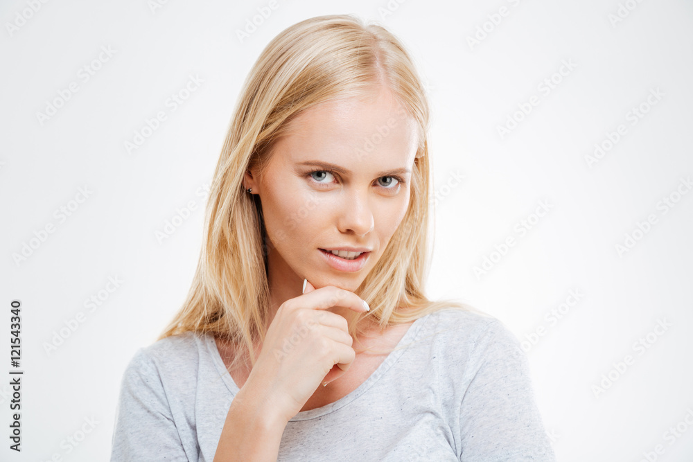 Close up portrait of a blonde girl thinking about something Close up portrait of a blonde girl thinking about something