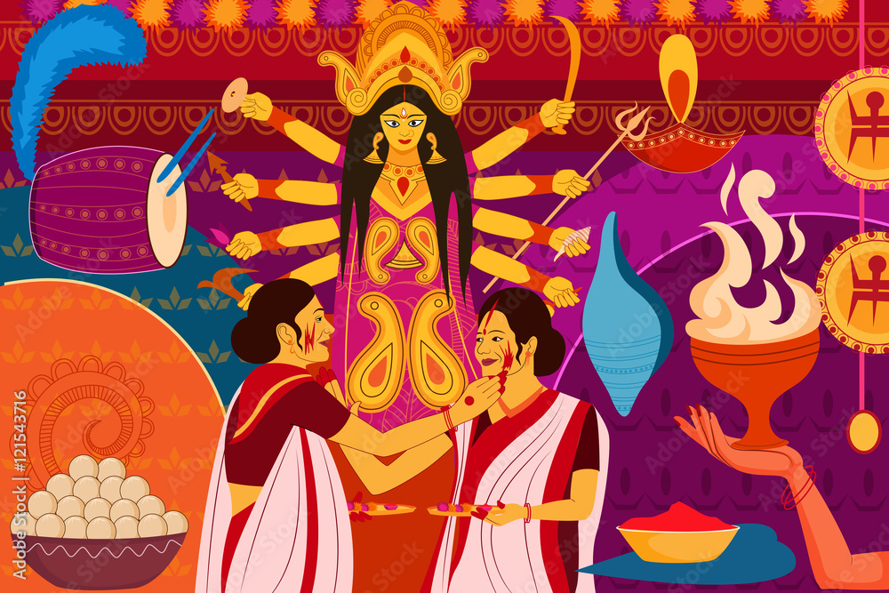 Obraz premium Happy Durga Puja festival background kitsch art India