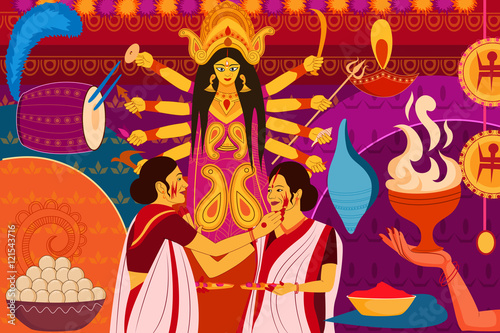 Happy Durga Puja festival background kitsch art India