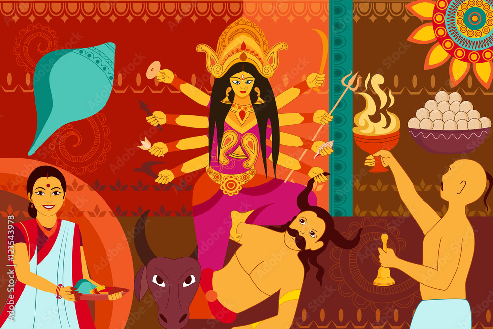 Happy Durga Puja festival background kitsch art India Happy Durga Puja festival background kitsch art India