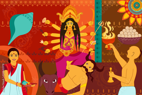 Happy Durga Puja festival background kitsch art India