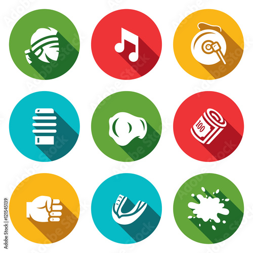 Vector Set of Muay Thai Icons. Fighter, Music, Gong, Makiwara, Champion Belt, Money Fist, Capa, Blood.