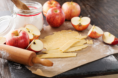 Canvas-taulu Baking apple pie ingredients with fresh apples, selective focus, wooden backgrou