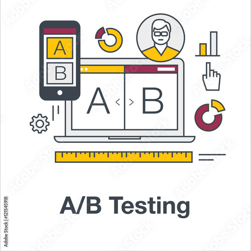 Thin line flat icon concept banner for AB testing, split comparison web design. Web marketing, analysis of web site on laptop and smartphone. Modern vector illustration