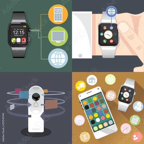 Digital vector gadget, mobile, watch,  app and camera icon set, flat style