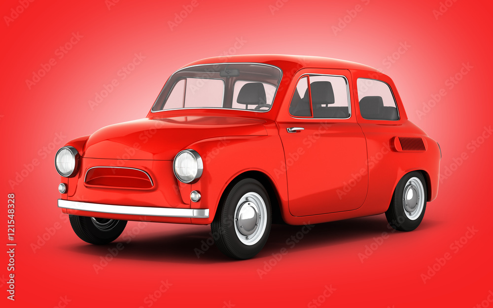 small retro car isolated on red gradient background 3d render