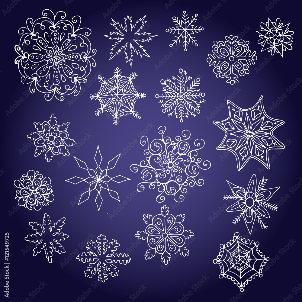 Winter snowflakes on a dark blue background. Sketch. Hand drawn. Winter snowflakes on a dark blue background. Sketch. Hand drawn.