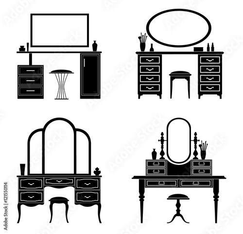 Collection of silhouettes of a dressing table. Template for stencils. A table for cosmetics. Vector illustration.
