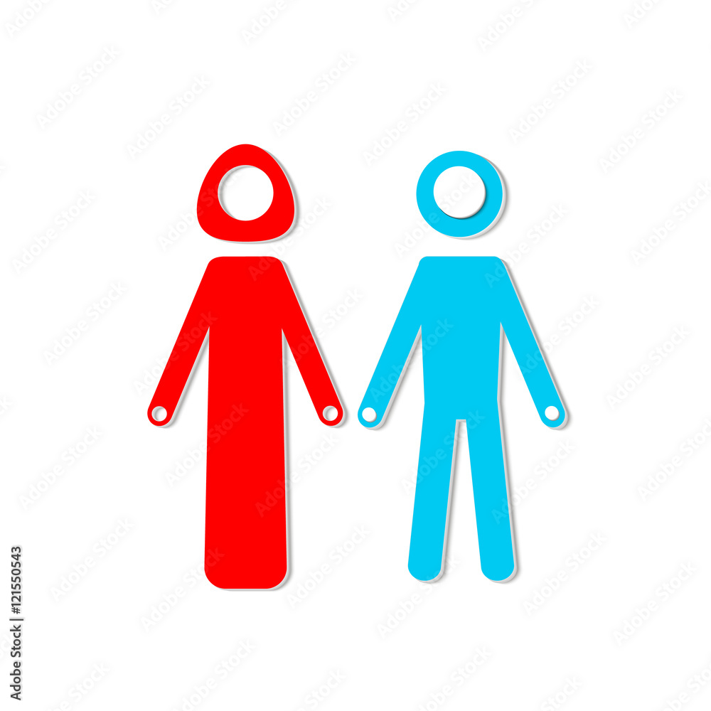 Abstract composition. Blue man, red woman figures together. Family icon design. Connected people silhouettes model. Human relationship. Male, female gender. Feeling love. Simple flat style. Vector art Abstract composition. Blue man, red woman figures together. Family icon design. Connected people silhouettes model. Human relationship. Male, female gender. Feeling love. Simple flat style. Vector art