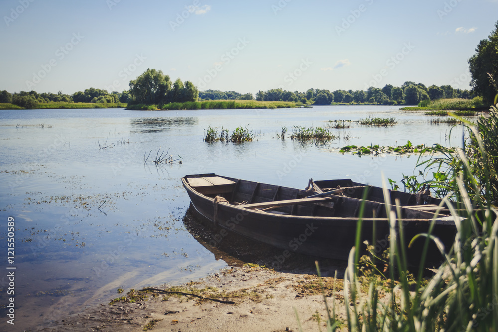 Obraz premium Rowing boats in the reeds on the lake shore