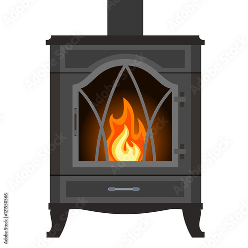 Metal fireplace in flat style isolated on white background. Vector illustration of hearth.