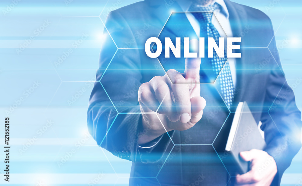 Businessman is pressing on the virtual screen and selecting Businessman is pressing on the virtual screen and selecting