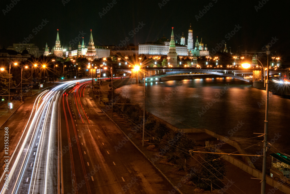 The Moscow Kremlin by night and the river Moskva, Russia
