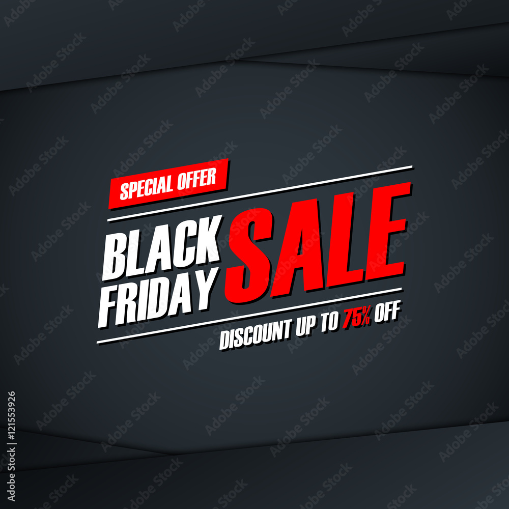 Black Friday Sale. Special offer banner, discount up to 75% off. Banner for business, promotion and advertising. Vector illustration.