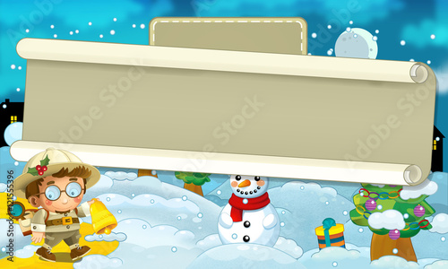Cartoon scene with some happy traveler - winter scenery - illustration for children