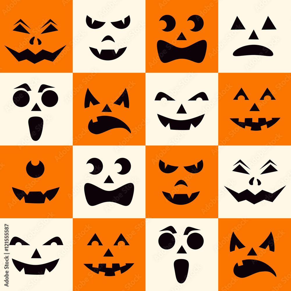 Fototapeta premium Seamless pattern with black halloween pumpkins carved faces silhouettes on checkerboard background. Vector illustration
