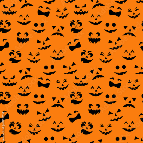 Seamless pattern with black halloween pumpkins carved faces silhouettes on orange background. Vector illustration