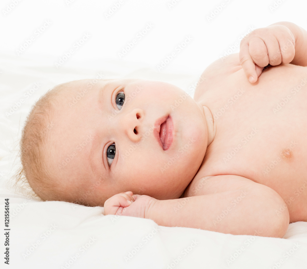 Beautiful happy baby. One, isolated on white. Beautiful happy baby. One, isolated on white.