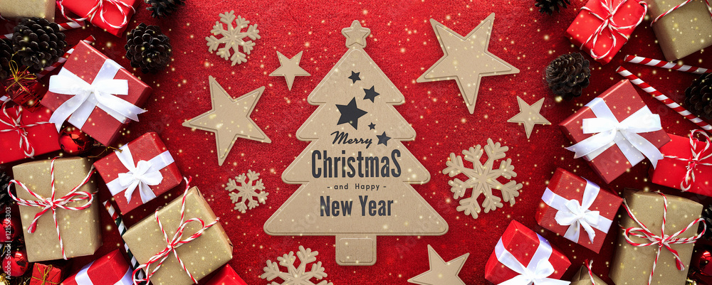 merry christmas gift box with white ribbon on red velvet background. over light 