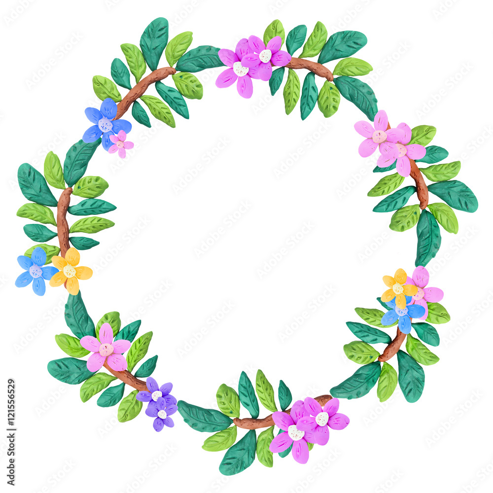 Fototapeta premium Plasticine colorful floral frame sculpture isolated on white