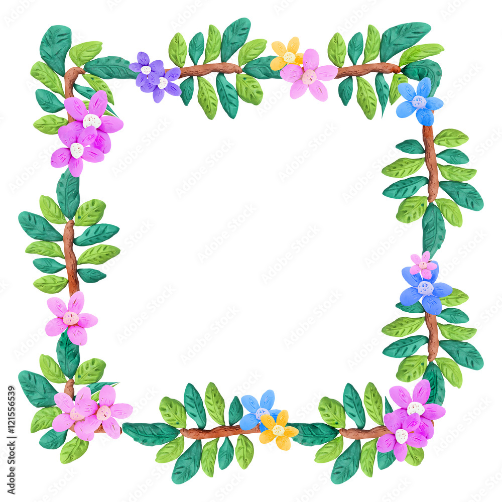 Fototapeta premium Plasticine colorful floral frame sculpture isolated on white 