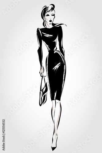 Black and white retro fashion woman model. Hand drawn vector