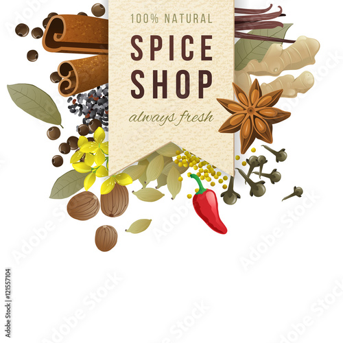 spice shop paper emblem with different spices