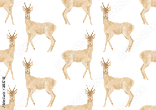 Seamless watercolor pattern with roe deers hand painted background