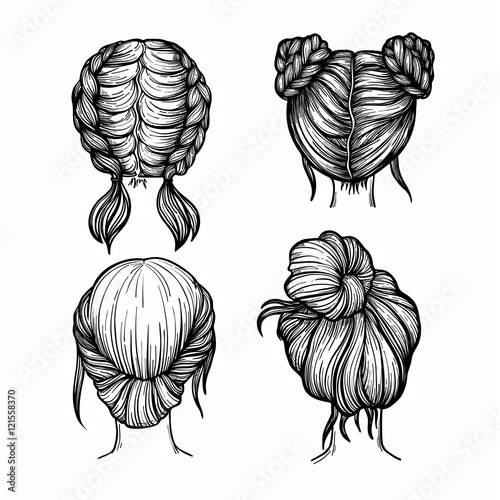 Hand drawn vector illustration - set of ladies fashion hairstyle