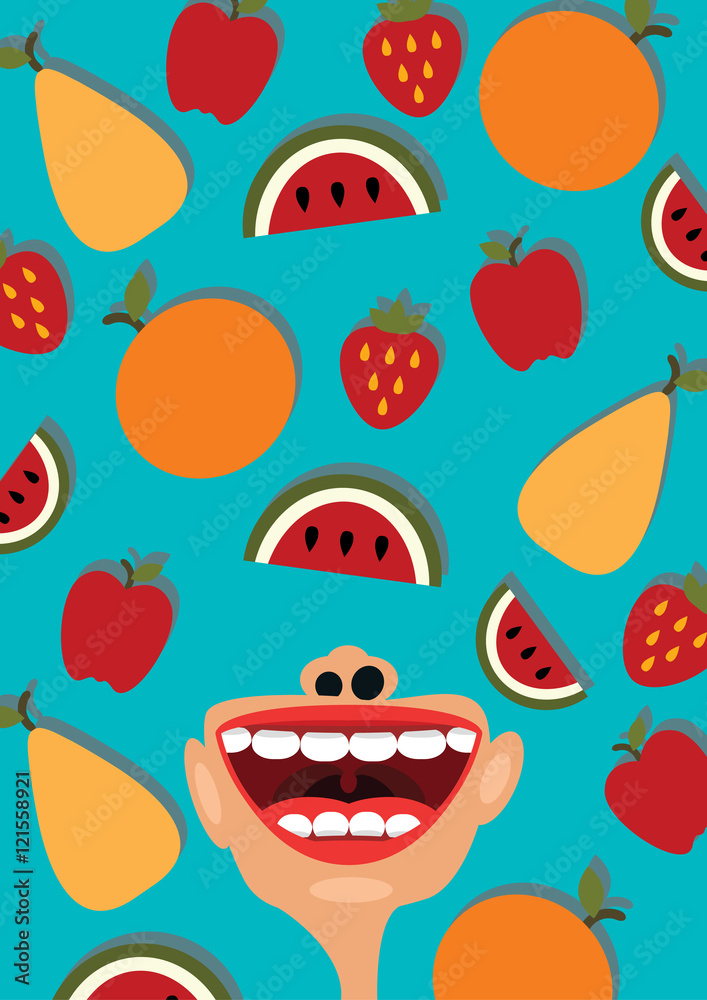 Fruits and open mouth as a healthy diet symbol Fruits and open mouth as a healthy diet symbol