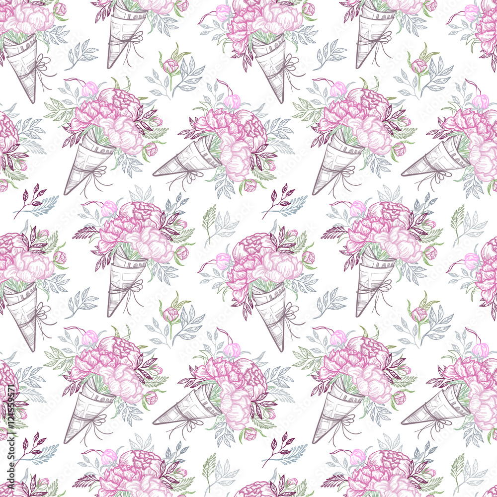 Hand drawn vector sealess pattern - fashion bouquets of peonies,
