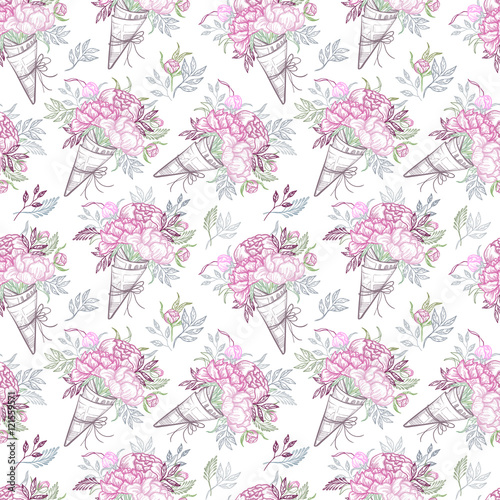 Hand drawn vector sealess pattern - fashion bouquets of peonies, © Kate Macate