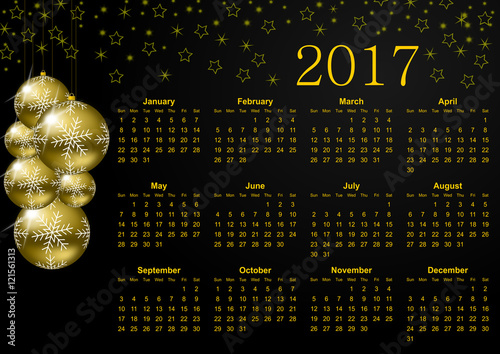2017 year callendar with christmas balls and snowflakes