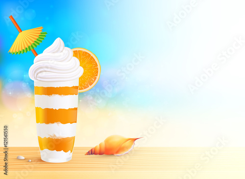 Vector glass of exotic orange cocktail on beach background