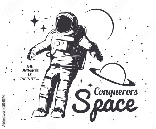 Traveler universe. universe researcher.Man in suit on the background of the infinite universe.The illustration on the theme of science, space exploration and space.