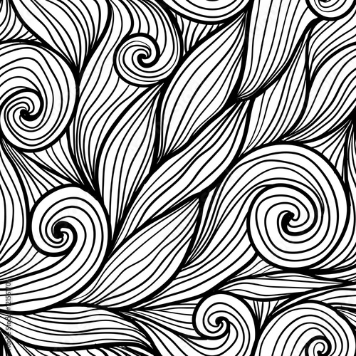 Black doodle hair waves vector seamless pattern