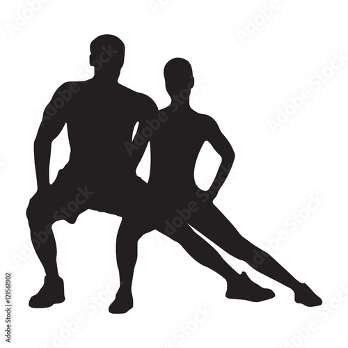 Muscled man and woman black silhouettes isolated on white background. Fitness symbol or label.  Vector illustration.