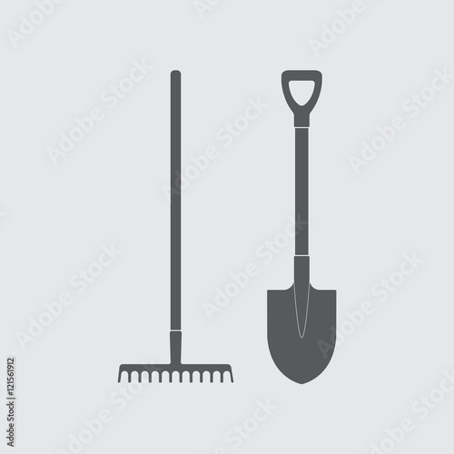 Shovel and rake icon or sign. Gardening tools design. Vector illustration.