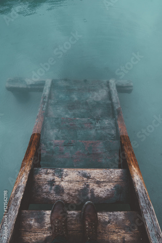wood stair in Braies lake w...