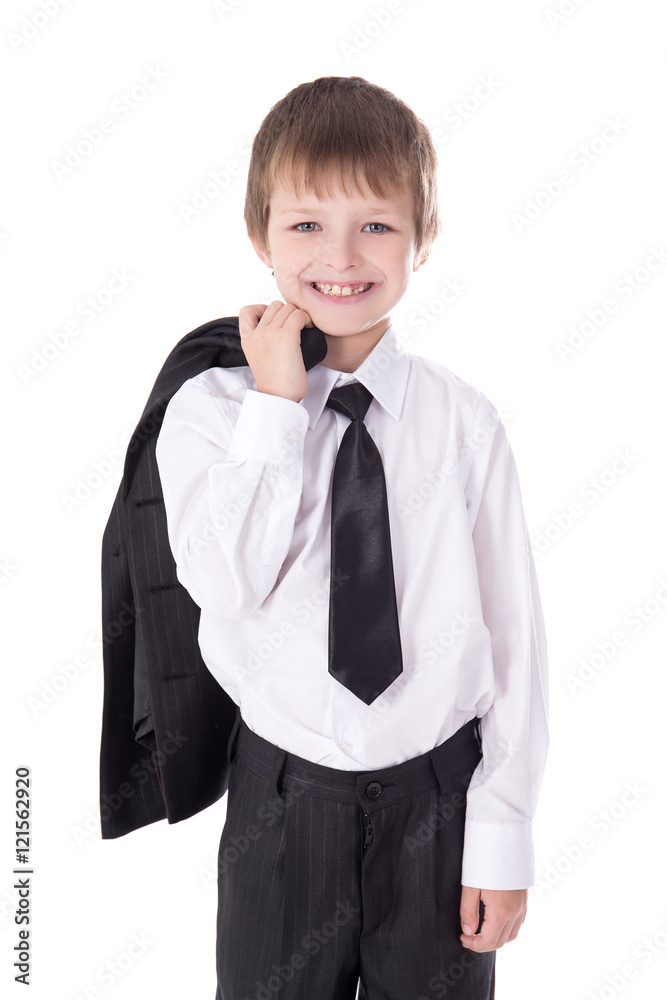 portrait of cute little boy in business suit isolated on white portrait of cute little boy in business suit isolated on white