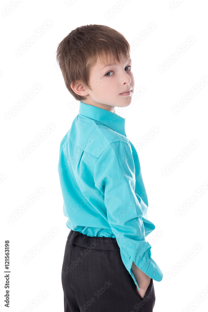 portrait of cute little boy in business suit isolated on white portrait of cute little boy in business suit isolated on white