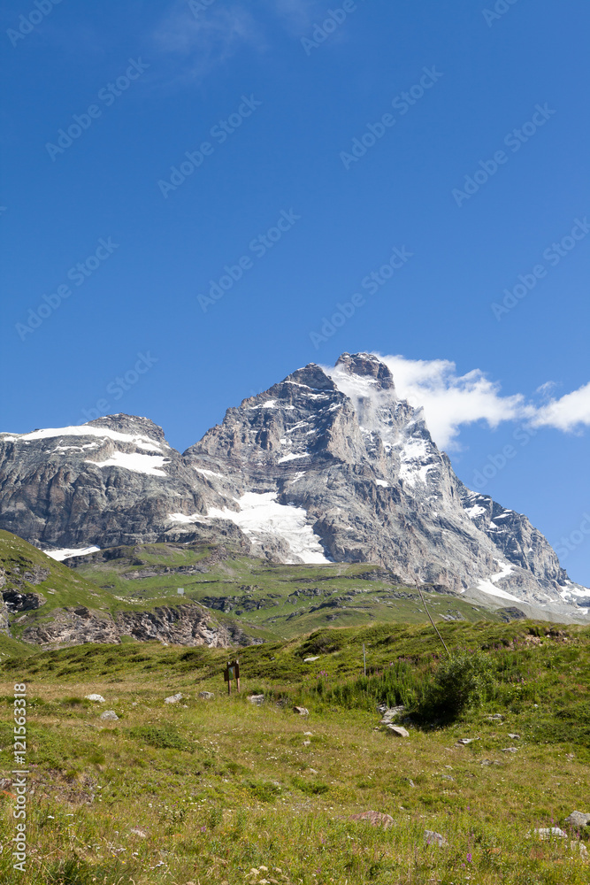 The south face of the Matterhorn/Cervino from the track to the Rifugio Duca degli Abruzzi all'Oriond/Refuge Duc des Abruzzes à l'Oriondé The south face of the Matterhorn/Cervino from the track to the Rifugio Duca degli Abruzzi all'Oriond/Refuge Duc des Abruzzes à l'Oriondé